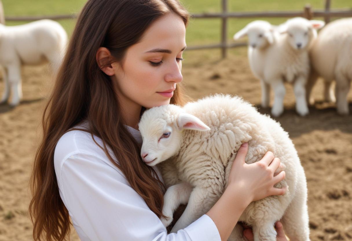 A woman gently holds a lamb in a farm setting A woman gently holds a lamb in a farm setting