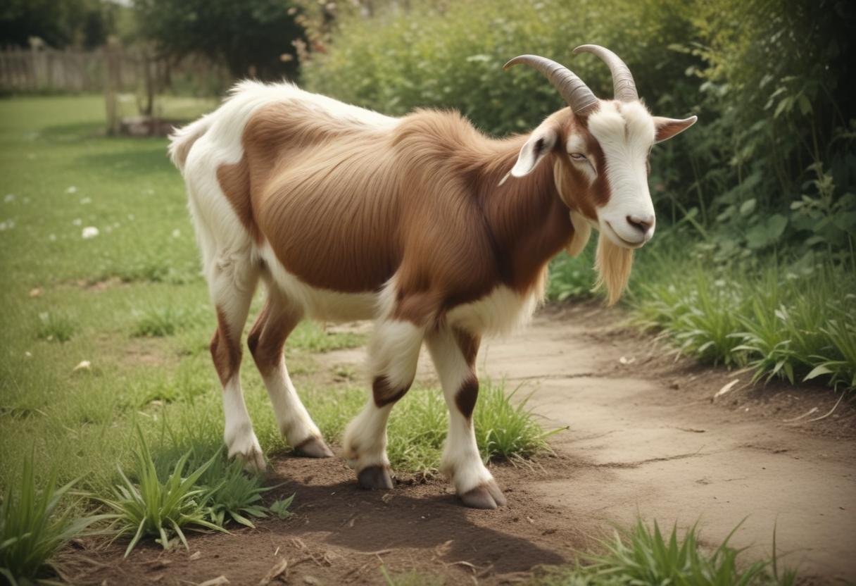 A brown and white goat walks on a path A brown and white goat walks on a path