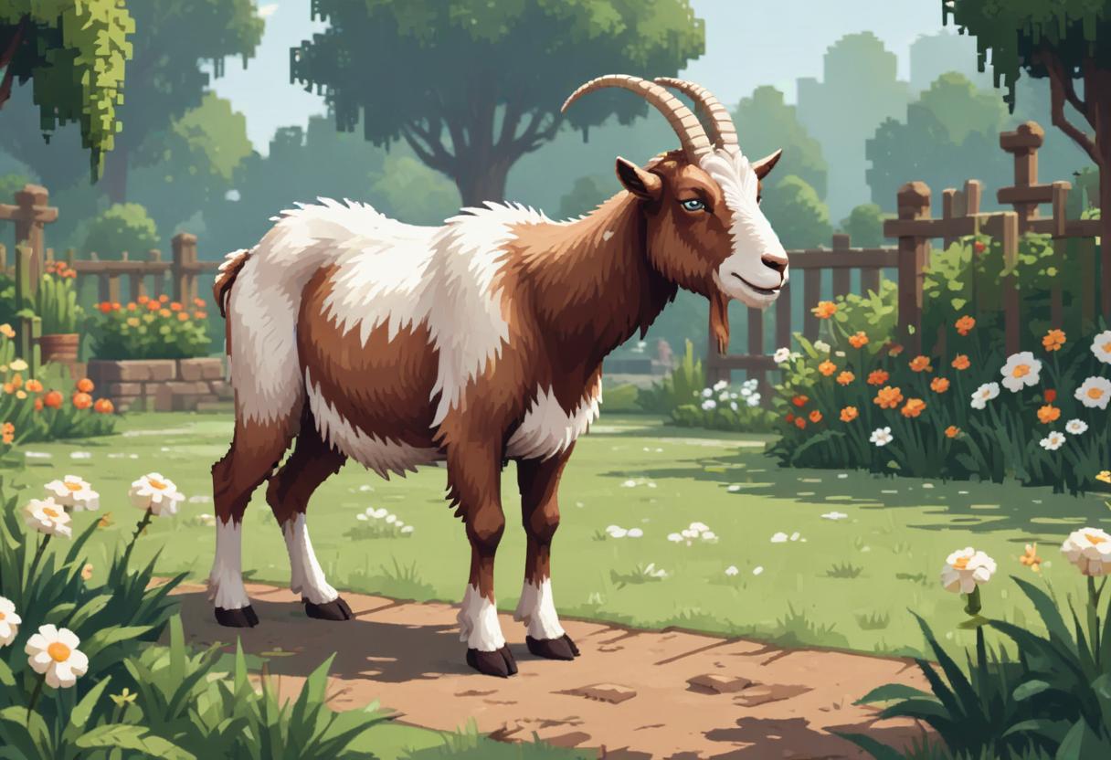 A brown and white goat stands on a path in a garden A brown and white goat stands on a path in a garden