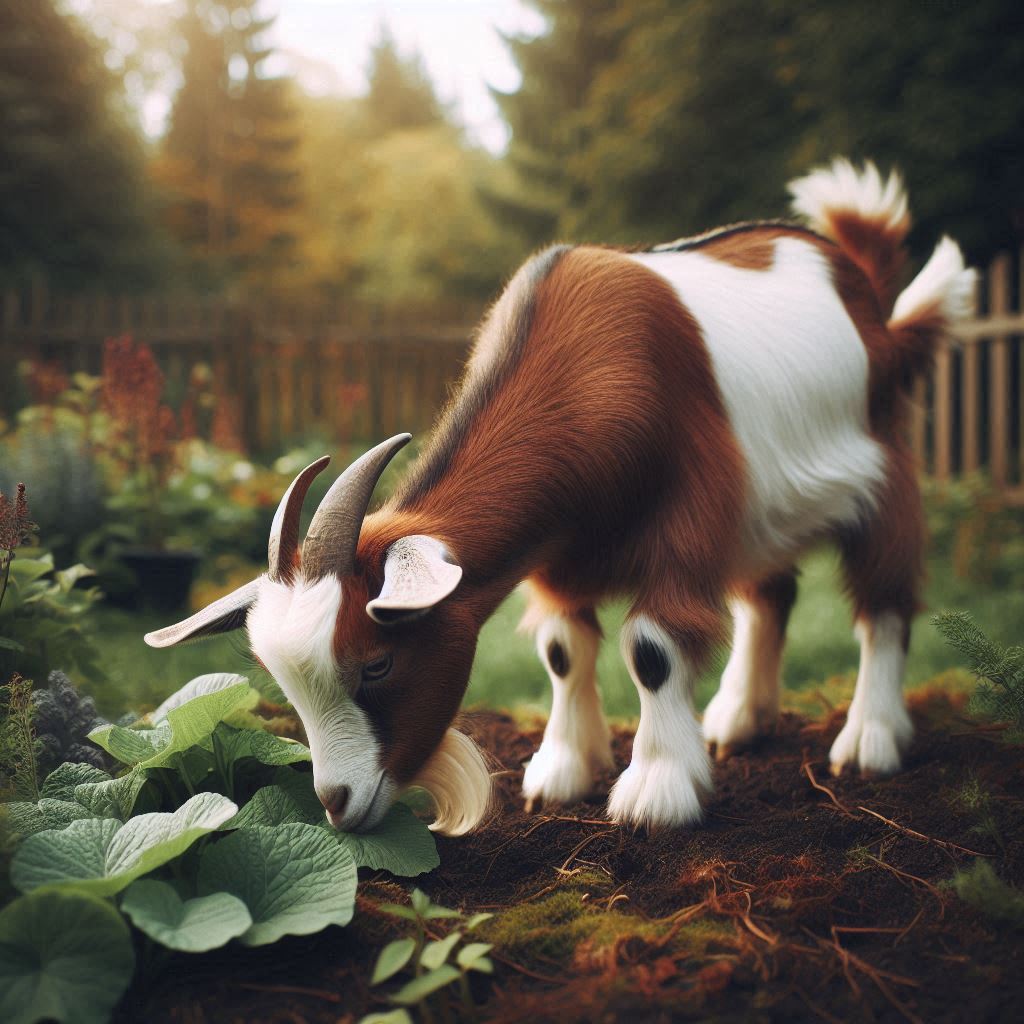 A brown and white goat grazes in a garden A brown and white goat grazes in a garden