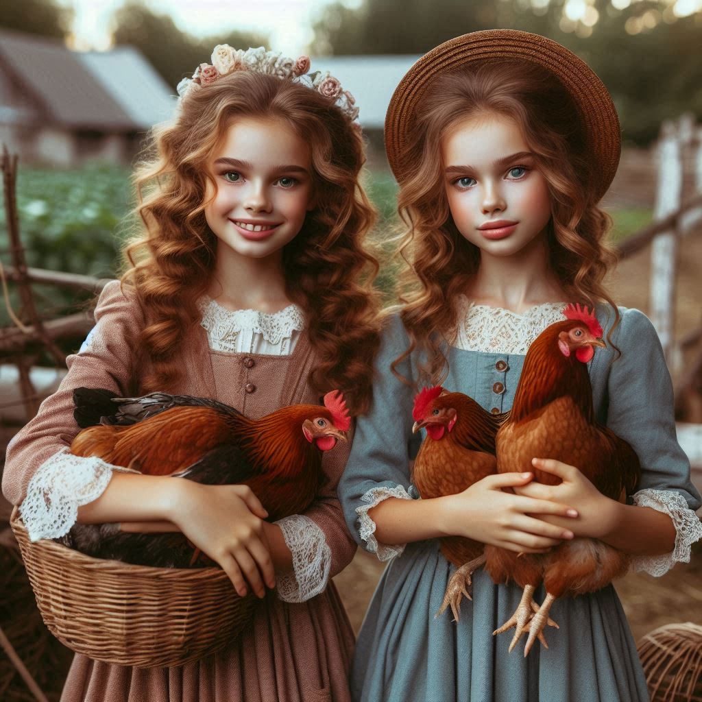 Two girls hold chickens in a rustic setting Two girls hold chickens in a rustic setting