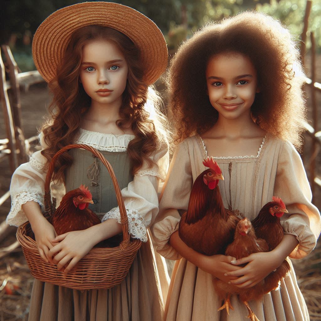 Two girls hold chickens in a forest Two girls hold chickens in a forest