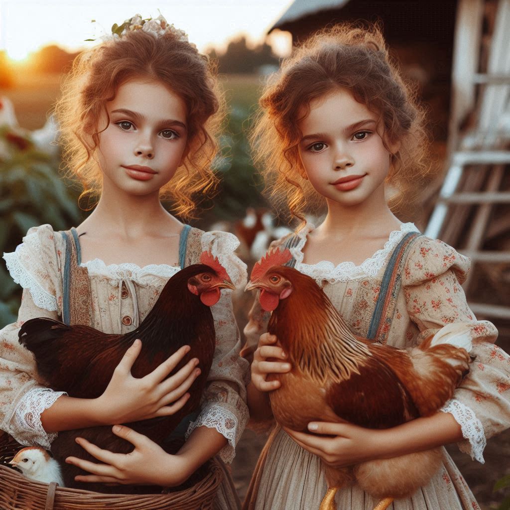 Twin girls hold chickens in a farm setting Twin girls hold chickens in a farm setting