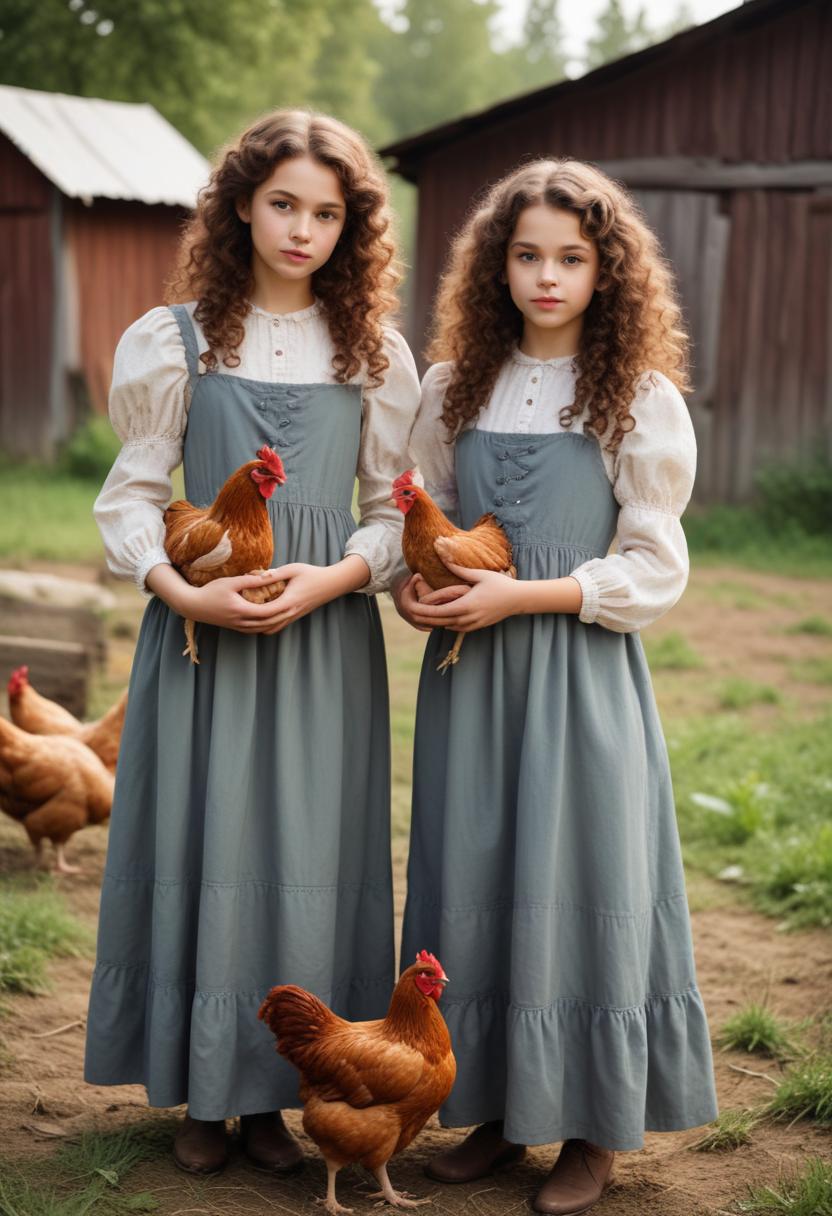 Two girls hold chickens in front of a barn Two girls hold chickens in front of a barn