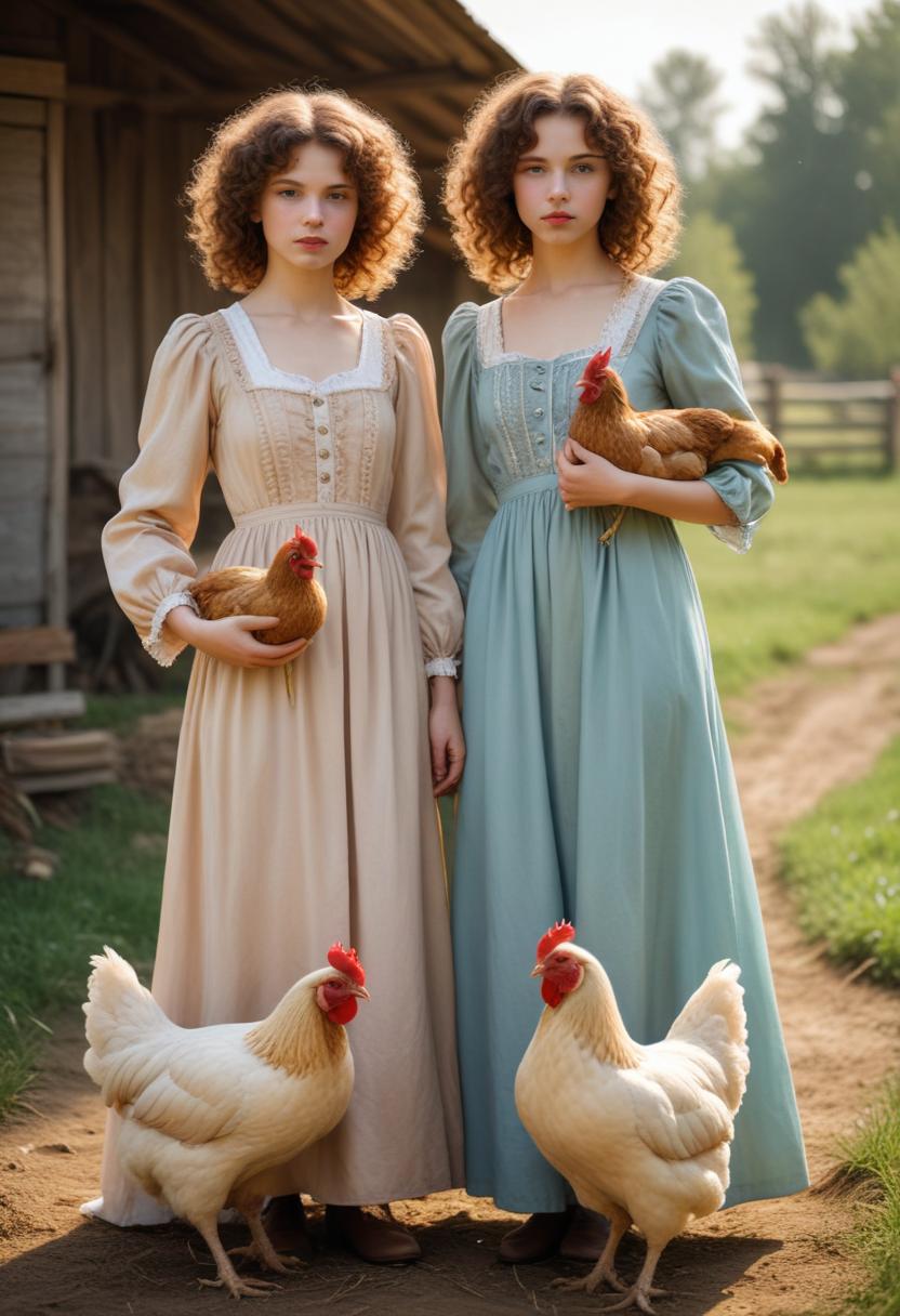 Two women hold chickens in a rural setting Two women hold chickens in a rural setting