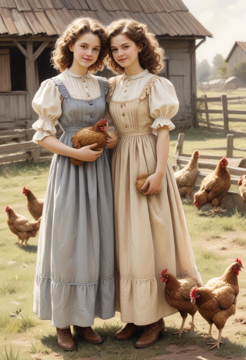 Two girls in long dresses hold chickens in a rural setting Two girls in long dresses hold chickens in a rural setting