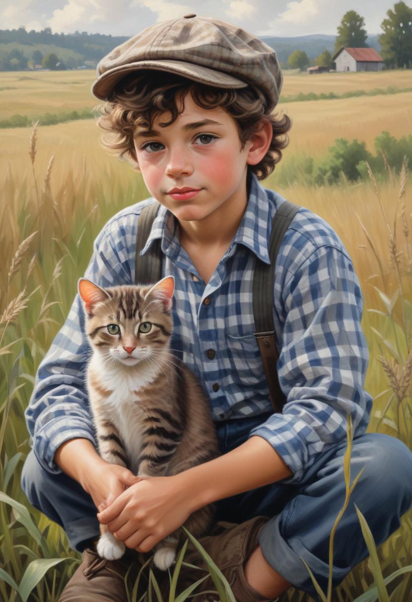 A young boy in a field holds a tabby cat A young boy in a field holds a tabby cat