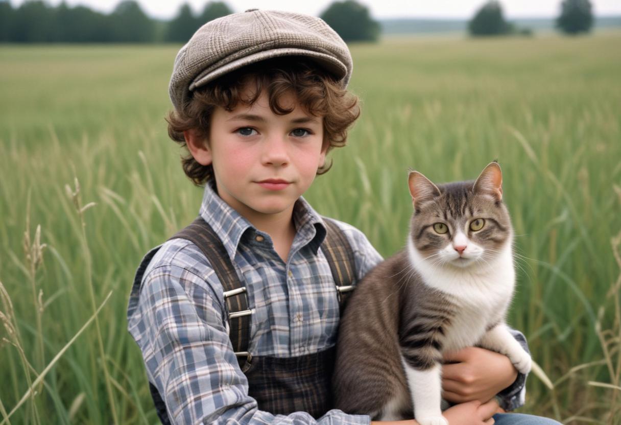 A young boy holds a tabby cat in a field of grass A young boy holds a tabby cat in a field of grass