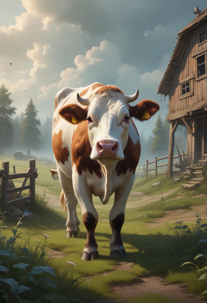 A brown and white cow strolls by a barn A brown and white cow strolls by a barn