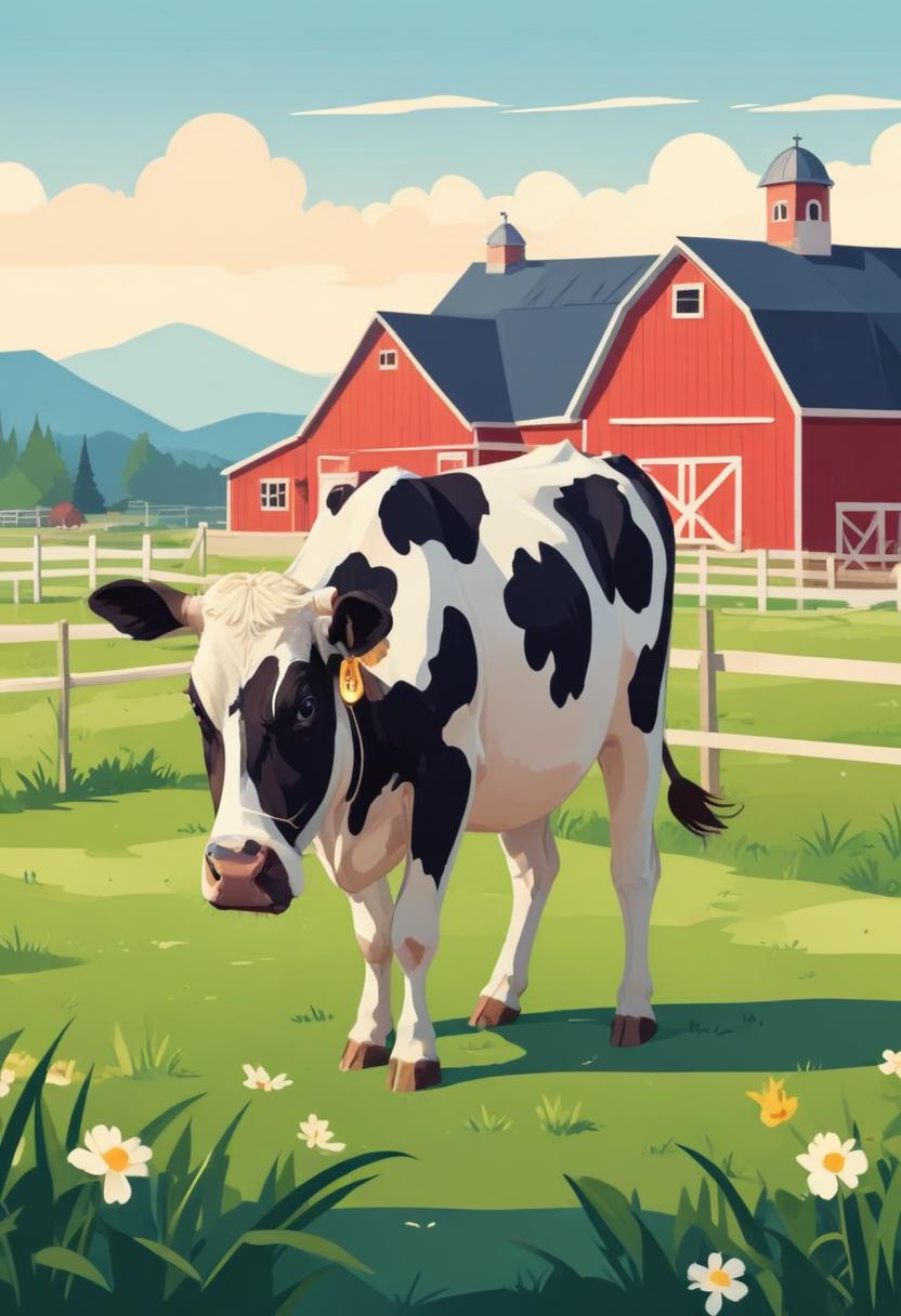 A black-and-white cow grazes near a red barn A black-and-white cow grazes near a red barn