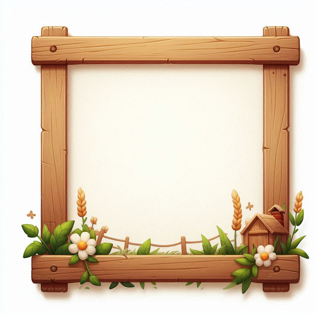 A wooden frame with flowers and a small house A wooden frame with flowers and a small house