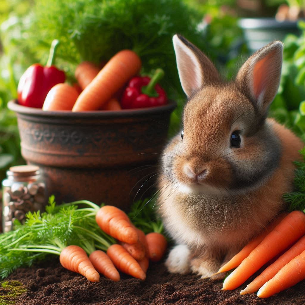 A brown rabbit sits amongst carrots in a garden A brown rabbit sits amongst carrots in a garden