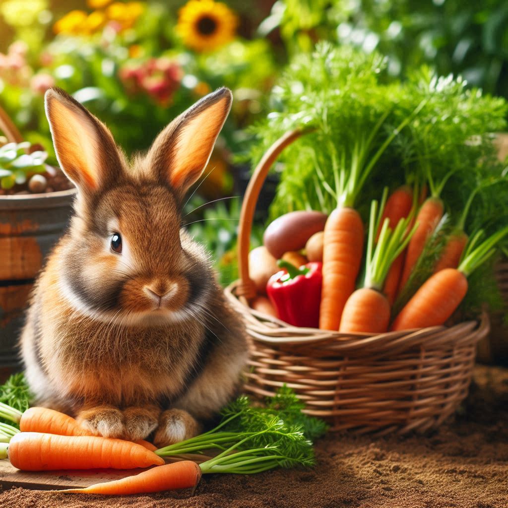 A brown rabbit sits near carrots in a garden A brown rabbit sits near carrots in a garden