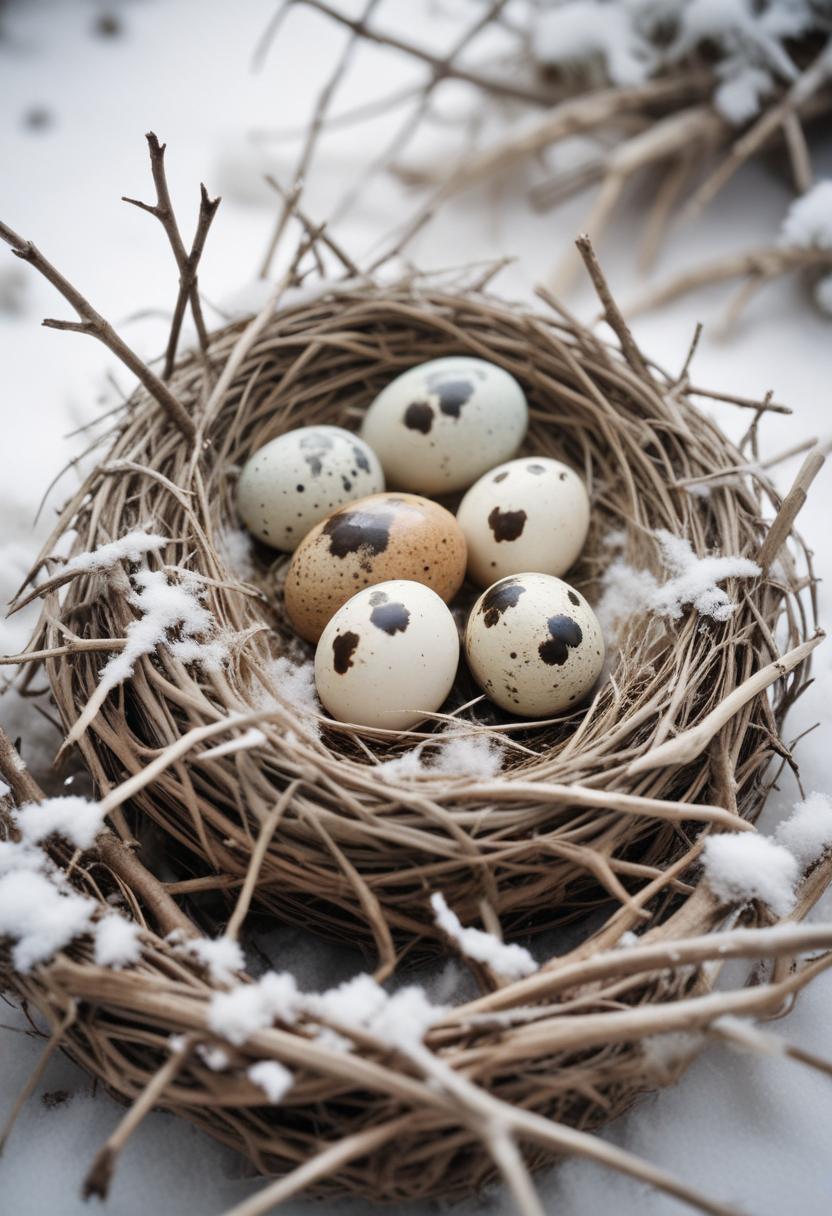 A bird's nest sits in the snow with speckled eggs inside A bird's nest sits in the snow with speckled eggs inside