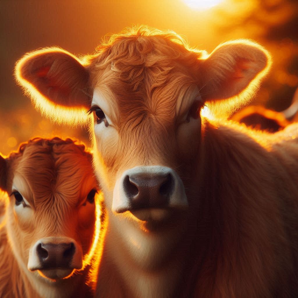 Young cow gazes at the camera in sunset's glow Young cow gazes at the camera in sunset's glow