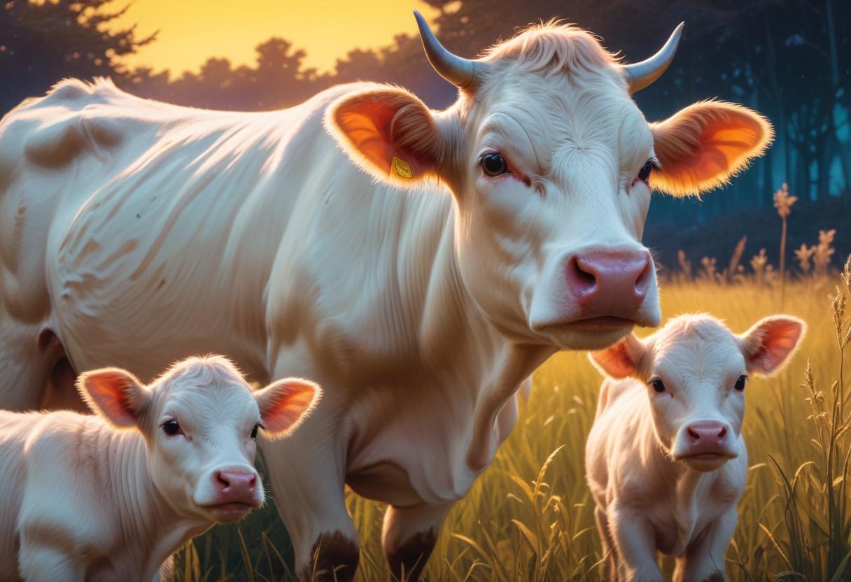 A cow and her two calves stand in a field at sunset A cow and her two calves stand in a field at sunset