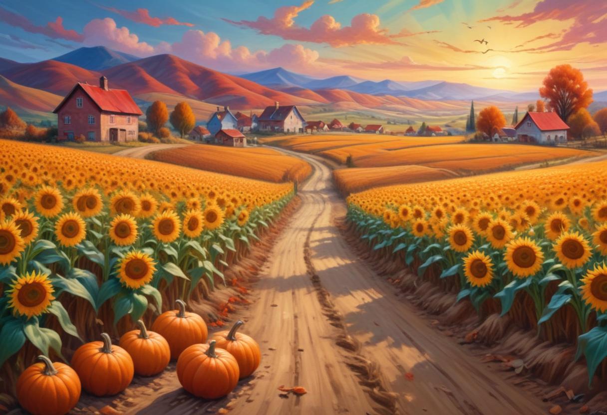 A dirt road winds through a sunflower field at sunset A dirt road winds through a sunflower field at sunset