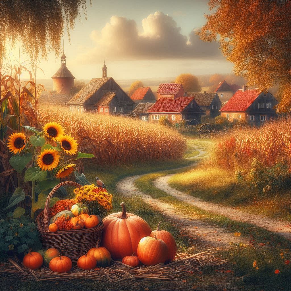 A winding road leads to a village on a sunny day A winding road leads to a village on a sunny day