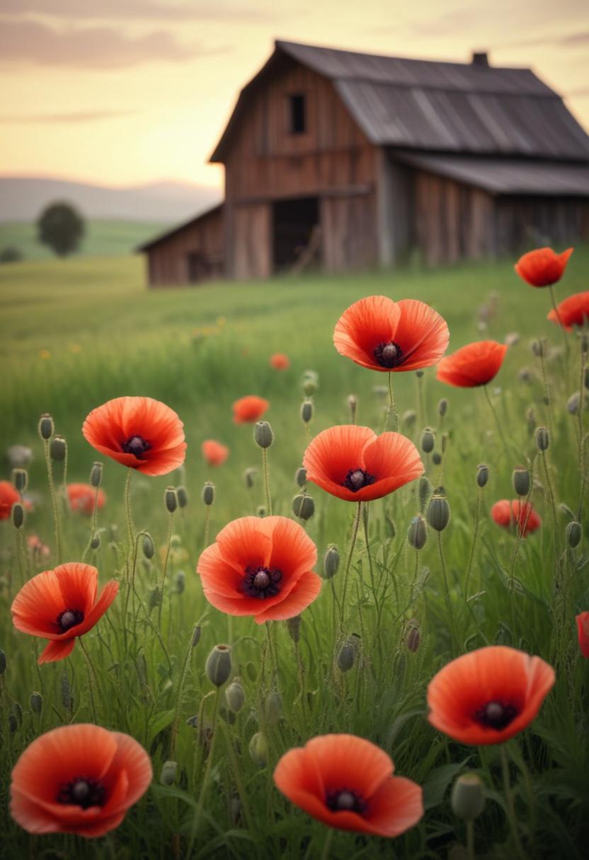 Red poppies bloom in a field near a rustic barn Red poppies bloom in a field near a rustic barn