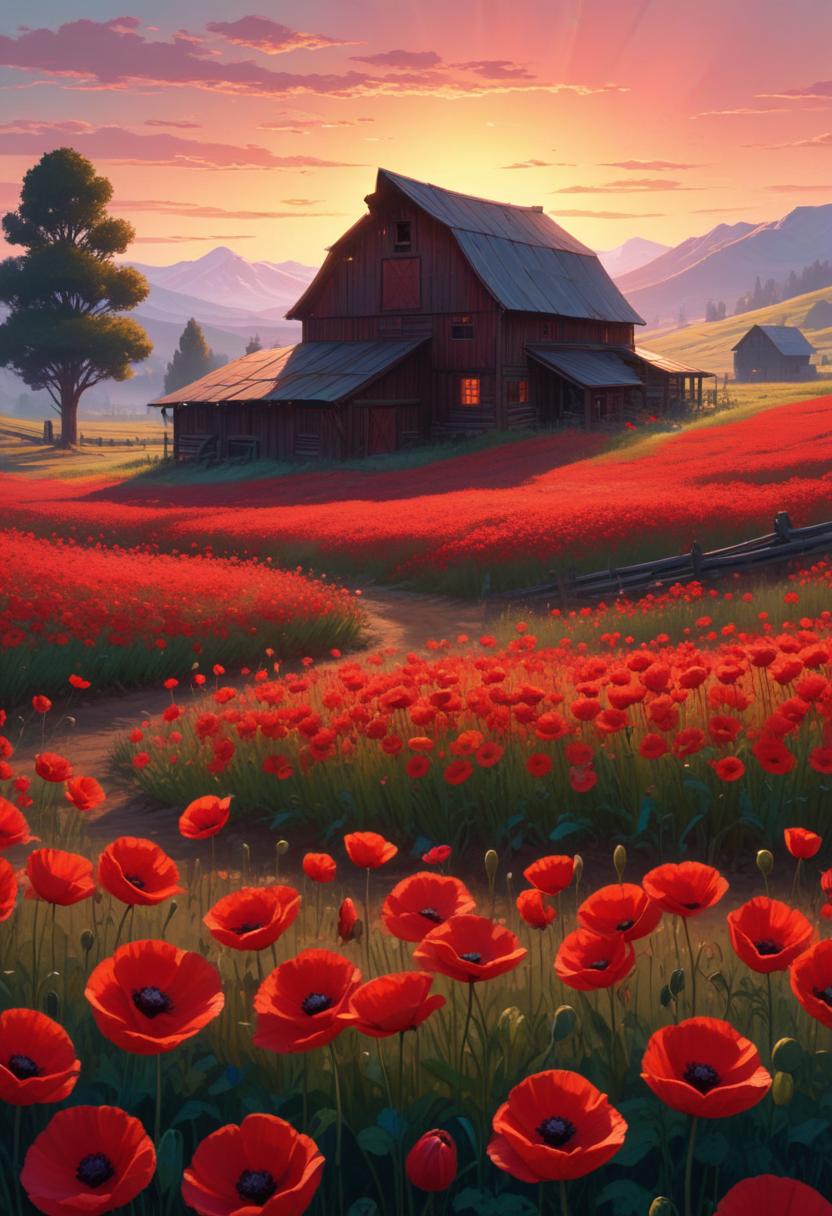 A red barn sits in a field of poppies at sunset A red barn sits in a field of poppies at sunset