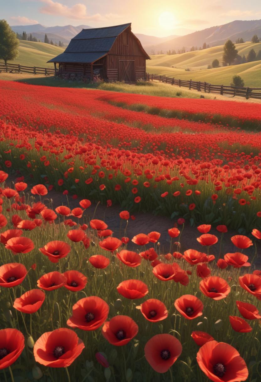 A wooden barn sits in a field of red poppies at sunset A wooden barn sits in a field of red poppies at sunset