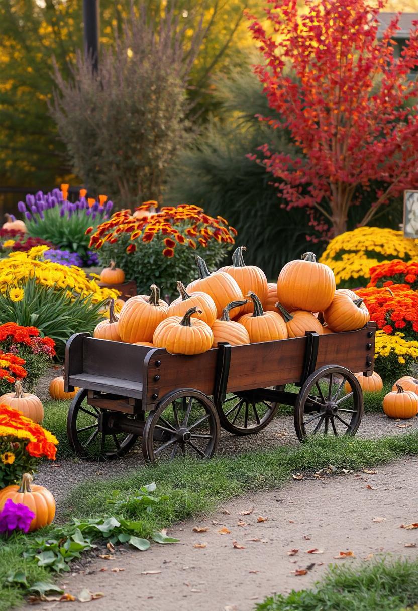 A wooden wagon filled with pumpkins sits in a garden A wooden wagon filled with pumpkins sits in a garden