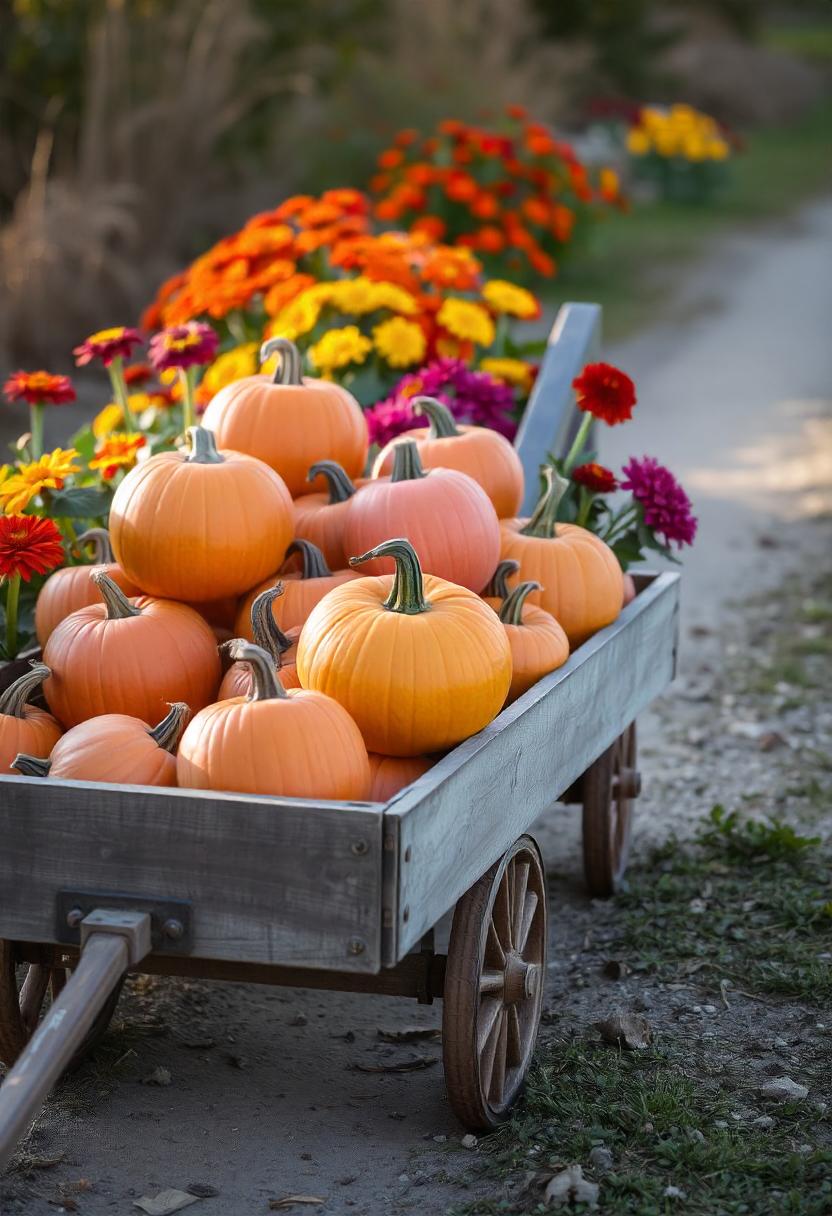 A wagon full of pumpkins sits on a gravel path A wagon full of pumpkins sits on a gravel path