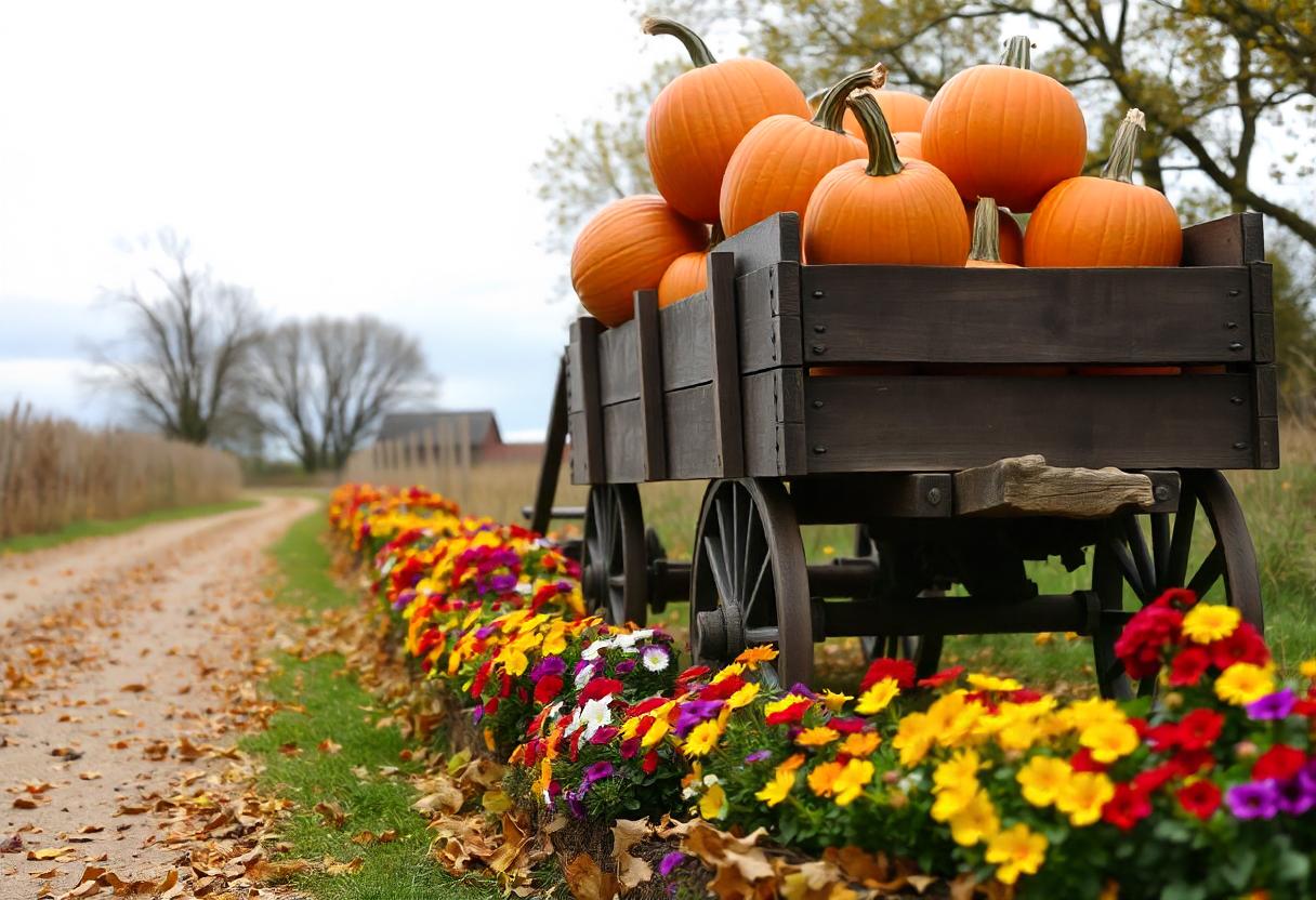 A wagon of pumpkins rests by a flower-lined road A wagon of pumpkins rests by a flower-lined road