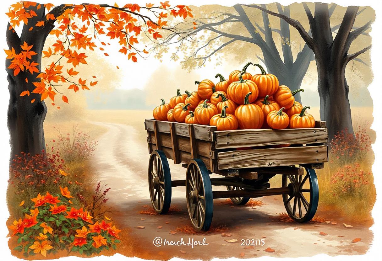 A wagon filled with pumpkins travels down a fall path A wagon filled with pumpkins travels down a fall path
