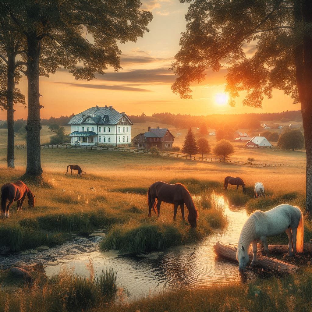 Horses drink from a stream at sunset Horses drink from a stream at sunset