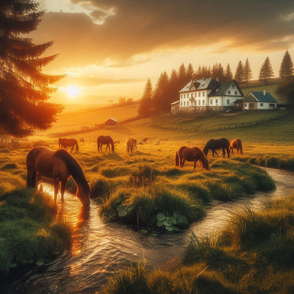 Horses drink from a stream at sunset Horses drink from a stream at sunset