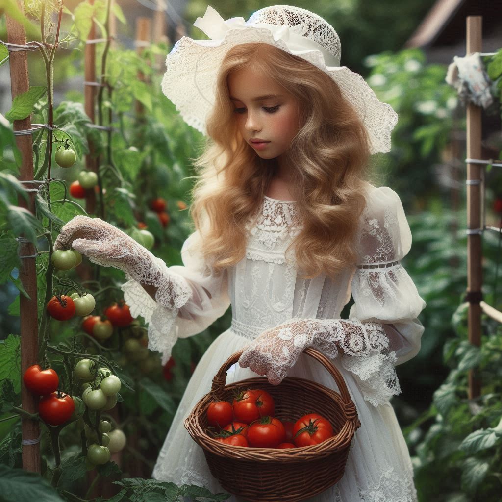 A young girl picks tomatoes in a garden A young girl picks tomatoes in a garden