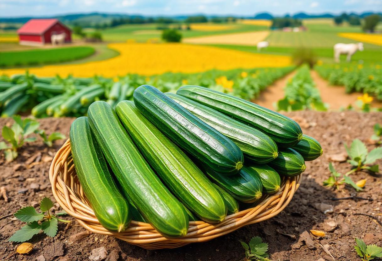 Fresh cucumbers in a basket on a farm Fresh cucumbers in a basket on a farm