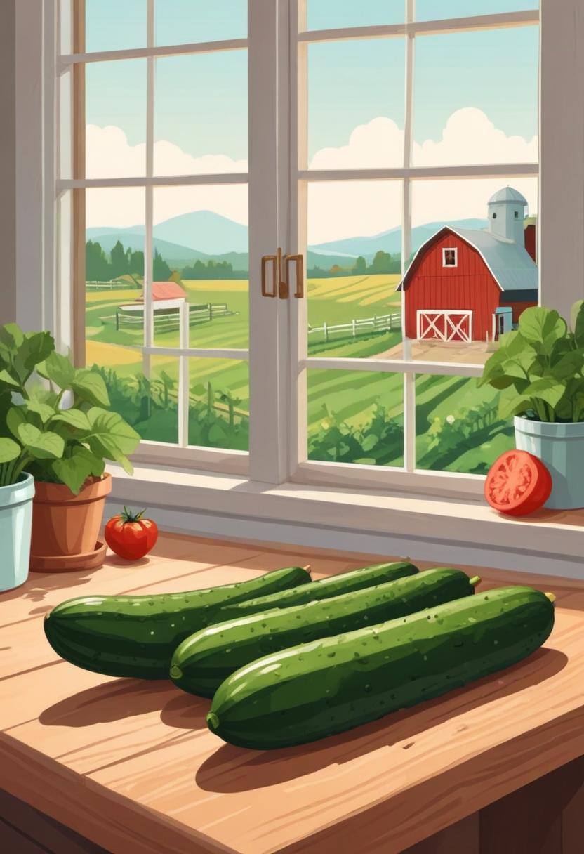 Three cucumbers on a table by a barn view Three cucumbers on a table by a barn view