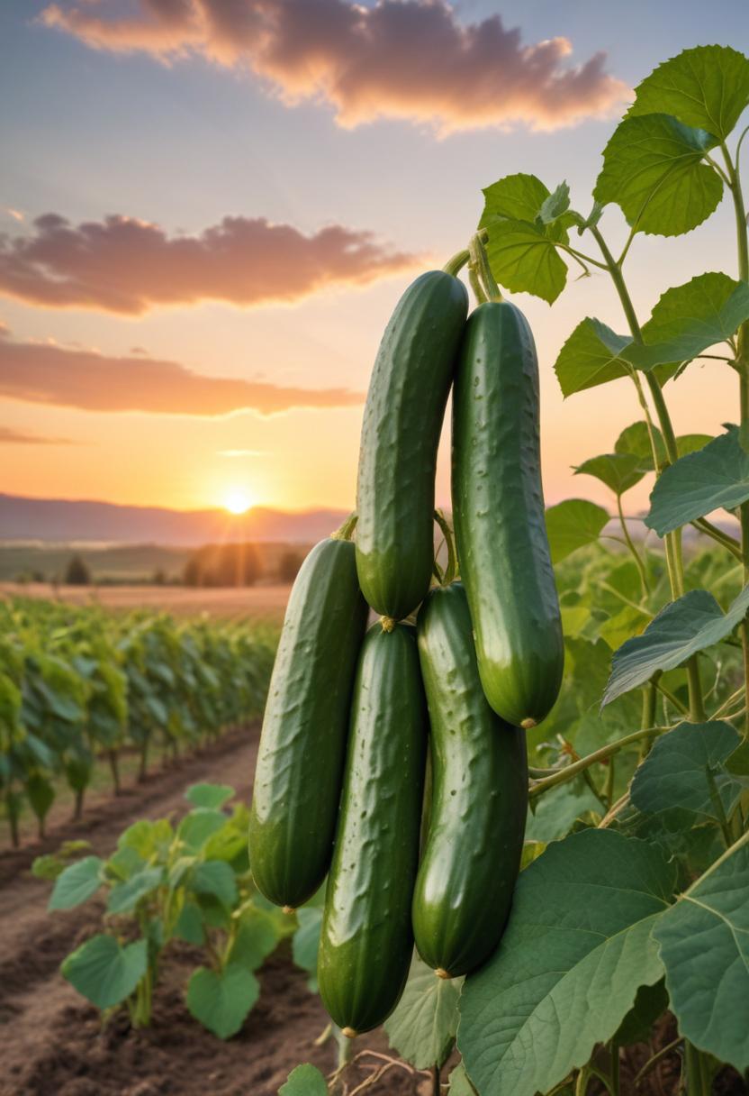 Cucumbers growing on a vine in a field at sunset Cucumbers growing on a vine in a field at sunset
