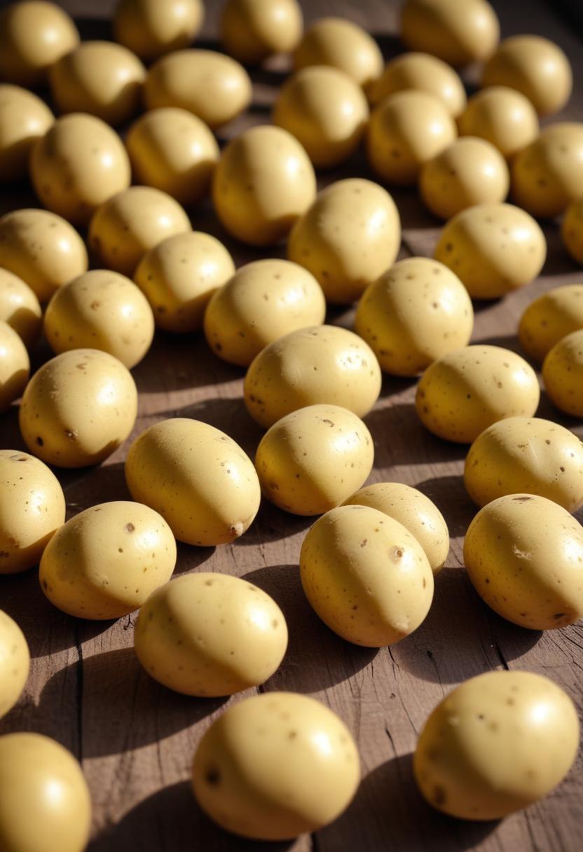 A pile of potatoes on a wooden surface A pile of potatoes on a wooden surface