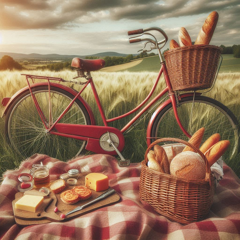 A red bicycle is parked in a field of tall wheat A red bicycle is parked in a field of tall wheat