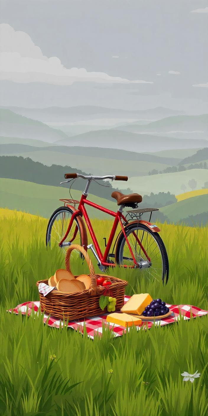 Red bicycle on a hilltop with picnic food Red bicycle on a hilltop with picnic food