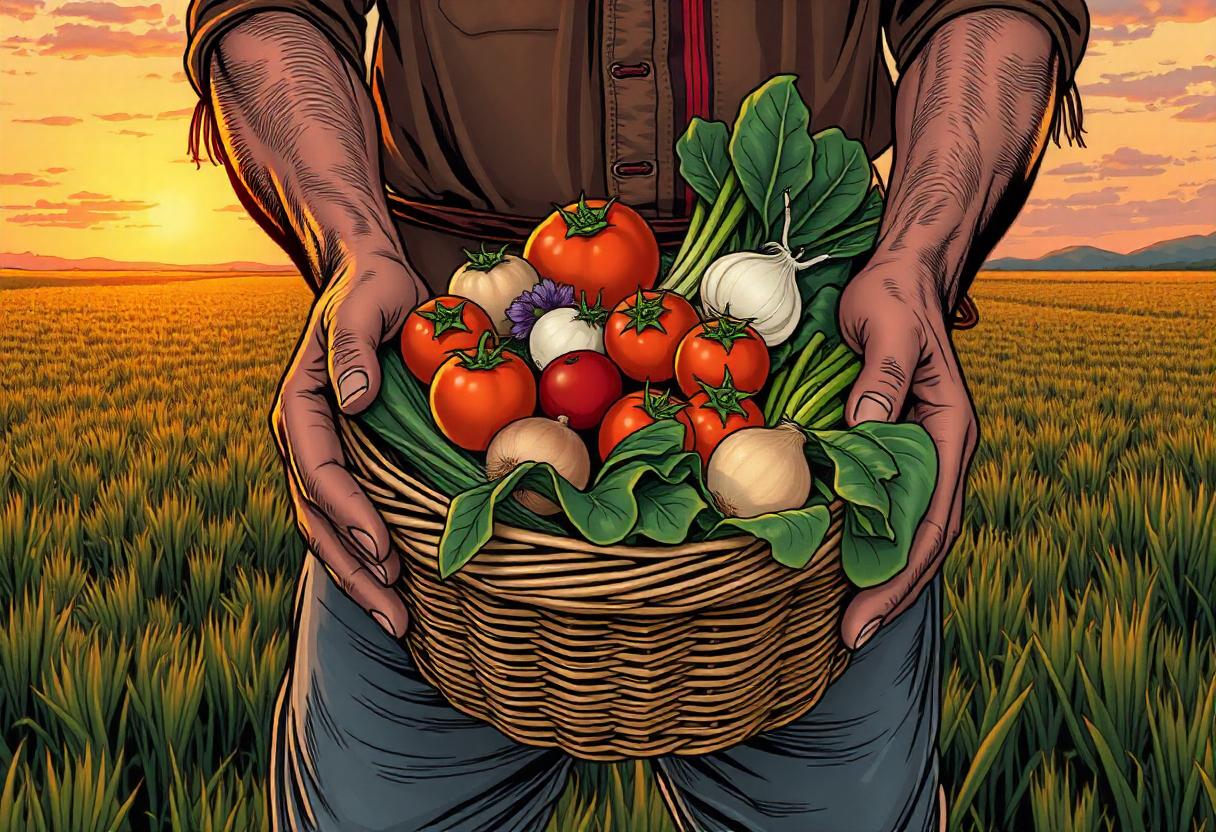 A farmer holds a basket of fresh vegetables at sunset A farmer holds a basket of fresh vegetables at sunset