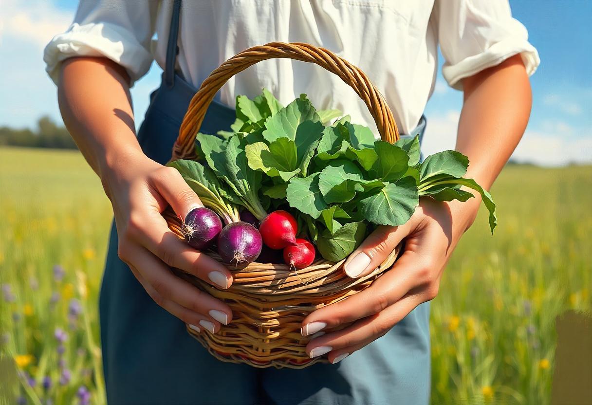 A person holds a basket of fresh vegetables A person holds a basket of fresh vegetables