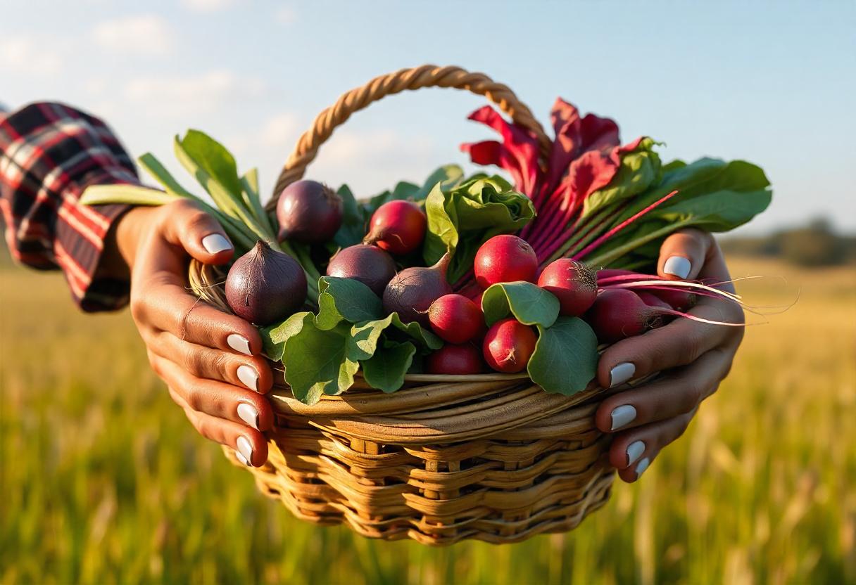 Hand holding a basket of radishes and beets Hand holding a basket of radishes and beets