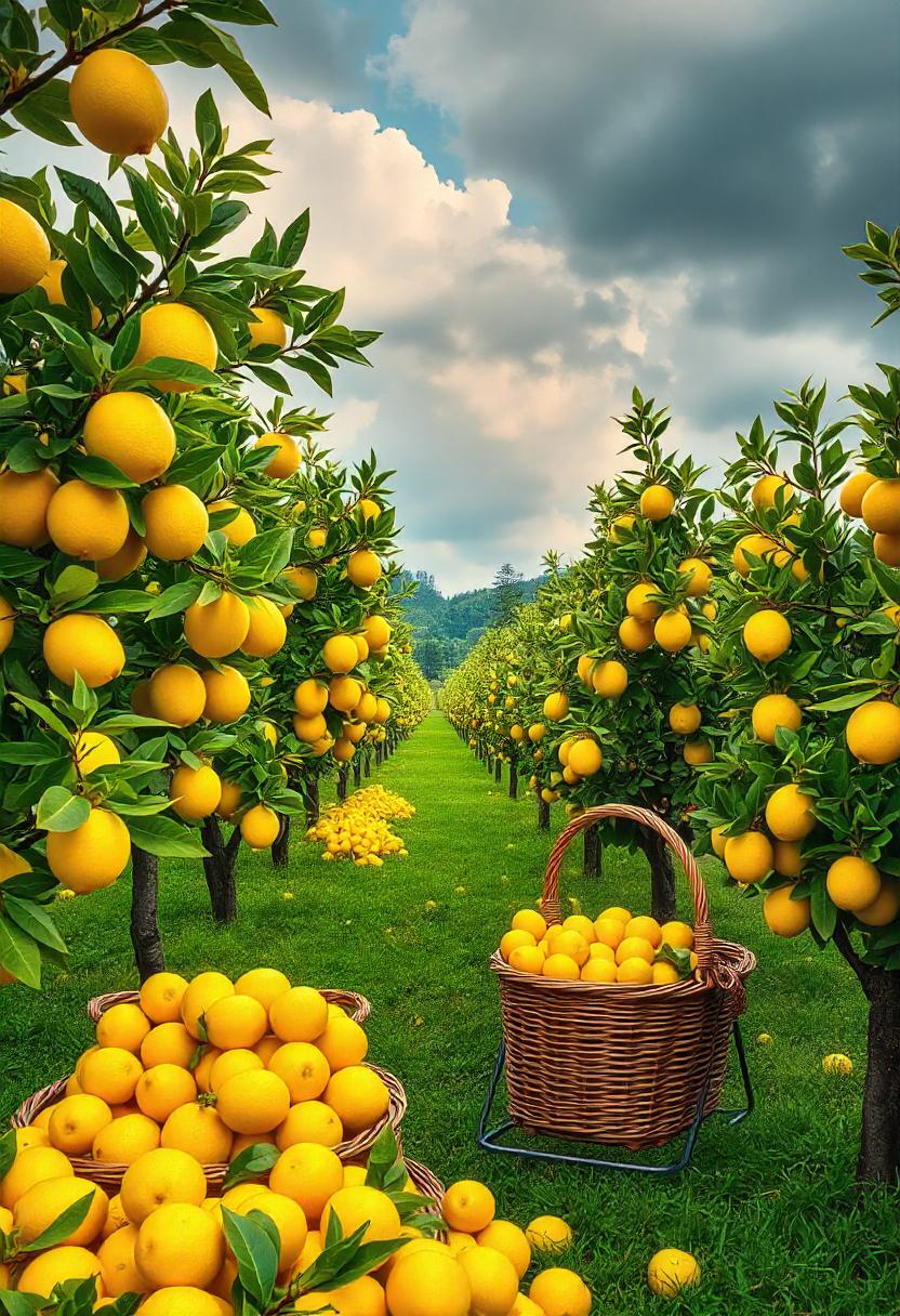 A sunny lemon orchard with ripe lemons in baskets A sunny lemon orchard with ripe lemons in baskets