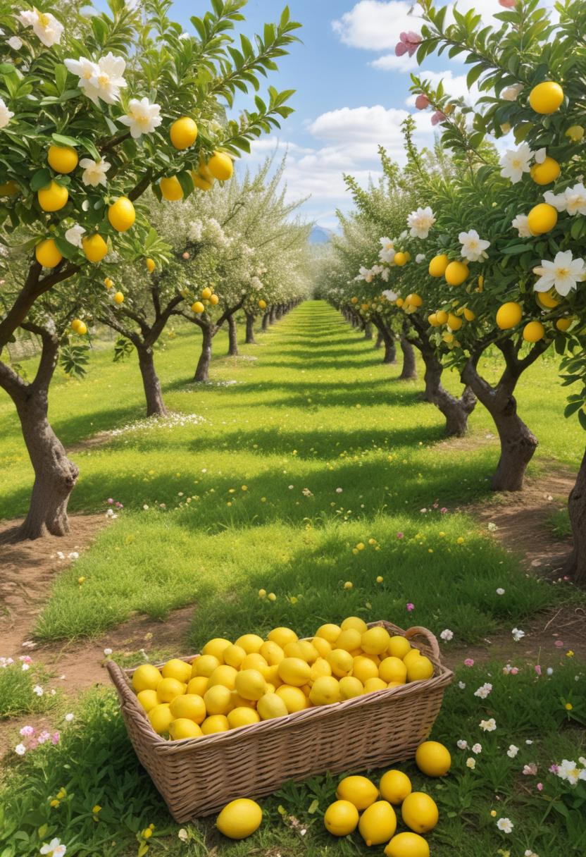 A basket of ripe lemons sits in a sunny lemon orchard A basket of ripe lemons sits in a sunny lemon orchard