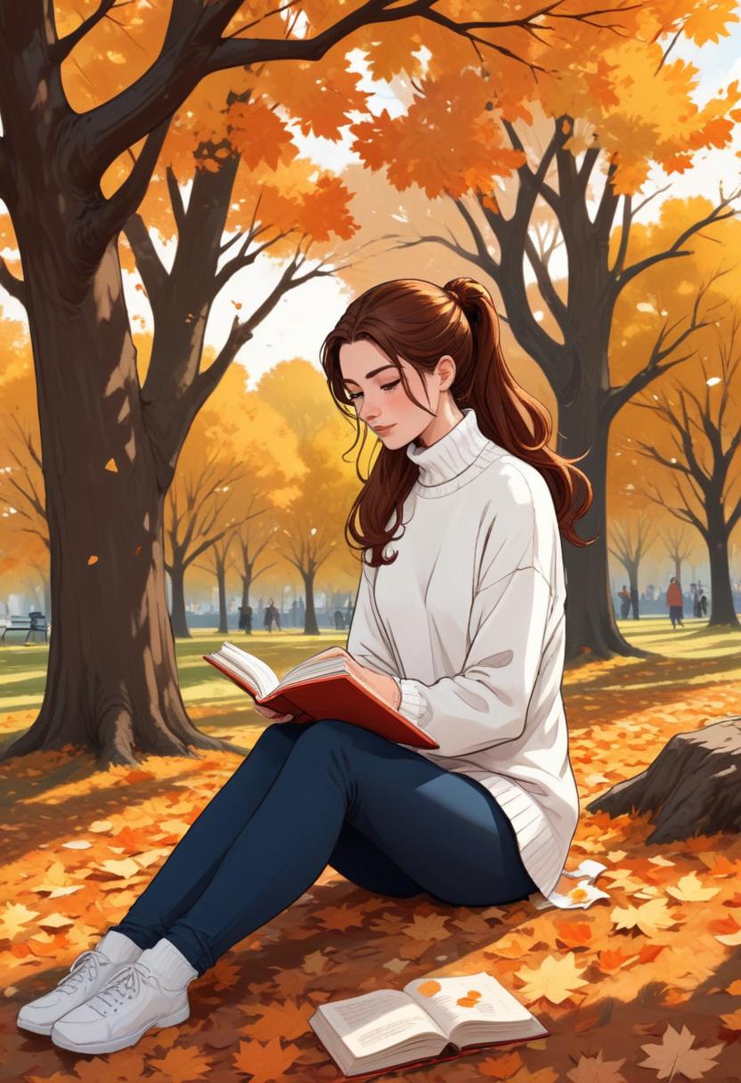 A woman reads a book in a park surrounded by fallen leaves A woman reads a book in a park surrounded by fallen leaves