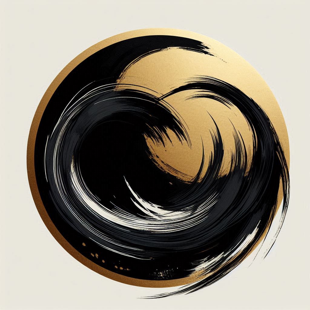 Black and gold abstract painting in a circular frame Black and gold abstract painting in a circular frame