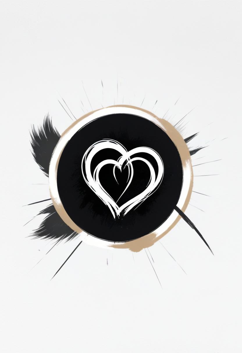 A white heart in a black circle surrounded by brushstrokes A white heart in a black circle surrounded by brushstrokes