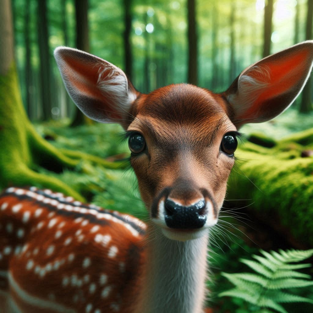 A fawn looks directly at the camera in a forest A fawn looks directly at the camera in a forest