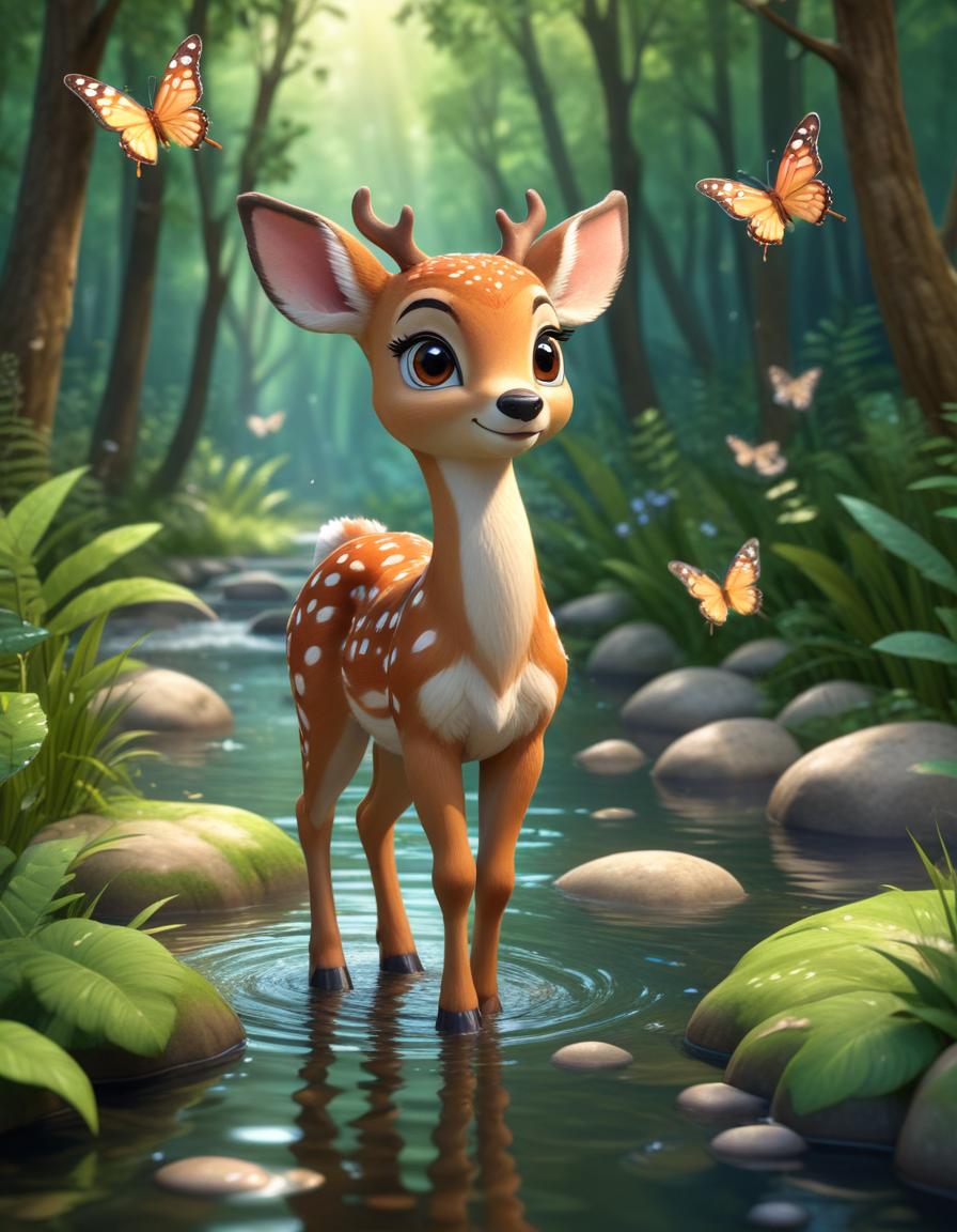 A fawn stands in a forest stream, surrounded by butterflies A fawn stands in a forest stream, surrounded by butterflies