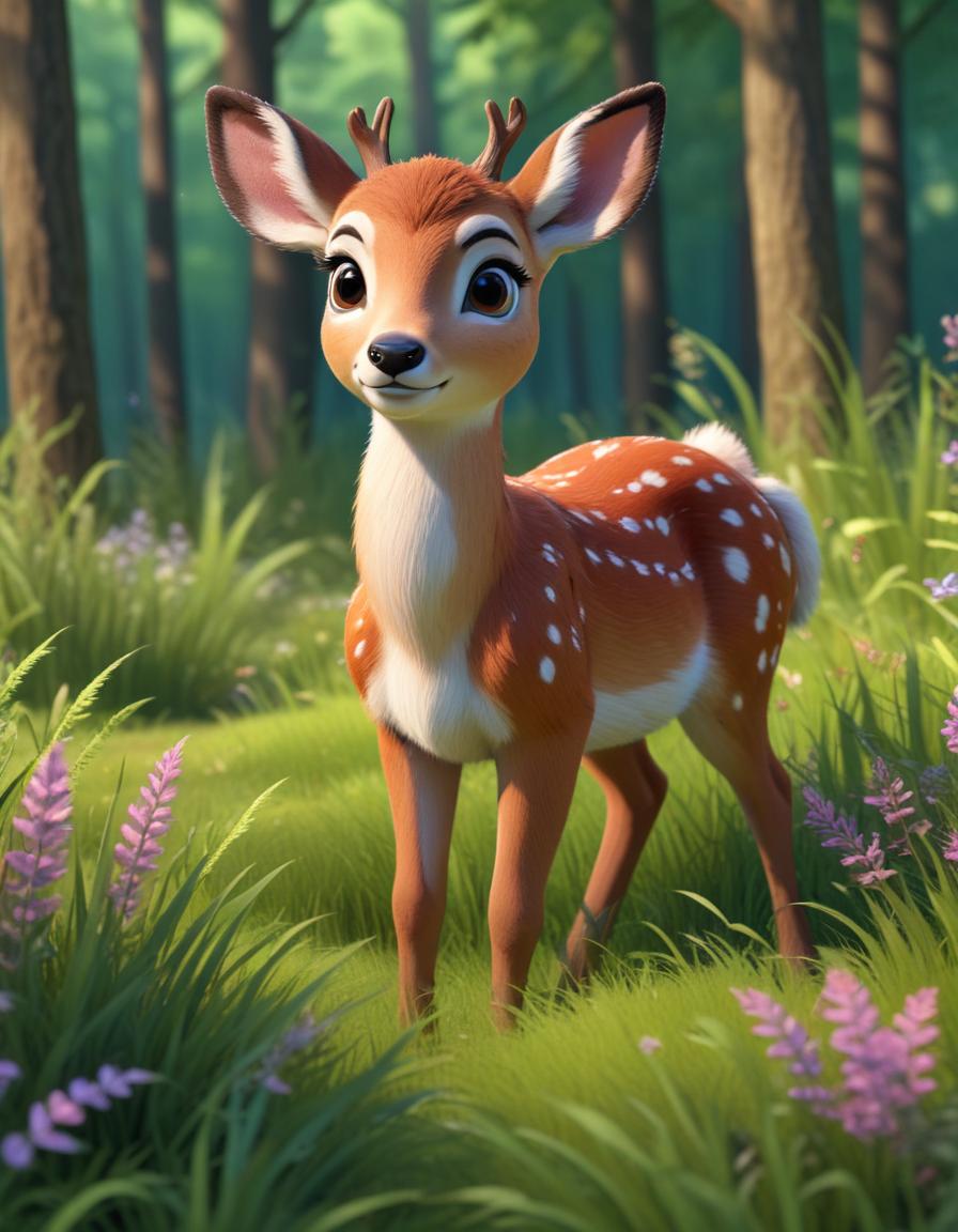 A cute deer stands in a grassy forest A cute deer stands in a grassy forest
