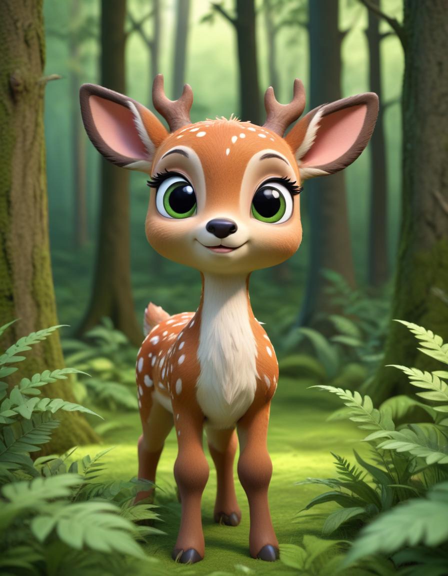 A cartoon deer stands in a forest A cartoon deer stands in a forest